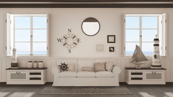 Marine style, living room with sofa and carpet in white and dark tones. Panoramic windows with sea landscape. Parquet and beam ceiling. Nautical interior design
