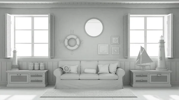 Total white project draft, marine style, living room with sofa and carpet. Panoramic windows with sea landscape. Parquet floor. Nautical interior design