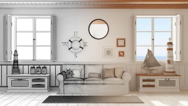 Architect interior designer concept: hand-drawn draft unfinished project that becomes real, marine style, living room with sofa and carpet. Panoramic windows with sea landscape