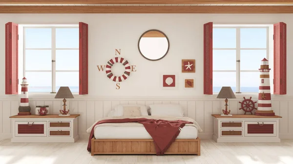 Marine style, bedroom with wooden bed and chest of drawers in white and red tones. Panoramic windows with sea landscape. Parquet and beam ceiling. Nautical interior design