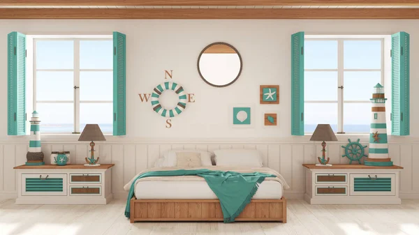 Marine style, bedroom with wooden bed and chest of drawers in white and turquoise tones. Panoramic windows with sea landscape. Parquet and beam ceiling. Nautical interior design