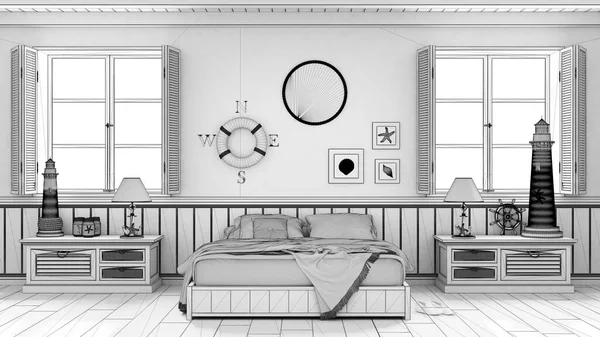 Σχέδιο Ημιτελές Σχέδιο Έργου Υπνοδωμάτιο Ξύλινο Κρεβάτι Και Συρταριέρα Πανοραμικά — Φωτογραφία Αρχείου