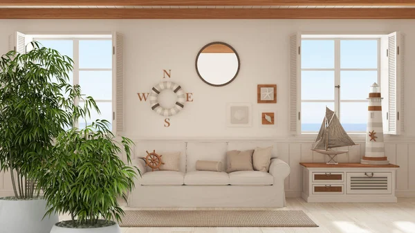Zen interior with potted bamboo plant, natural interior design concept, marine style, living room with sofa and window. Parquet and beam ceiling. Nautical architecture