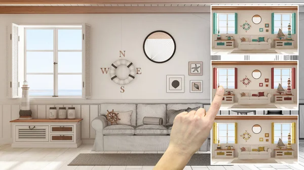 Architect Designer Concept Hand Showing Living Room Sofa Panoramic Windows — Fotografia de Stock