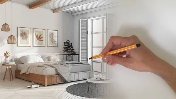 Architect interior designer concept: hand drawing a design interior project while the space becomes real, wooden romantic country bedroom with double bed