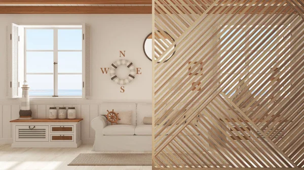 Wooden panel close-up, living room with chest of drawers in nautical style, panoramic windows with sea landscape. Marine interior design concept idea
