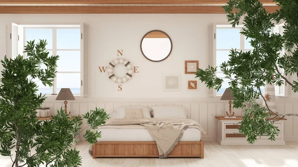 Green summer or spring leaves, tree branch over interior design scene. Natural ecology concept idea. Marine nautical bedroom with double bed and decors. Wooden interior design