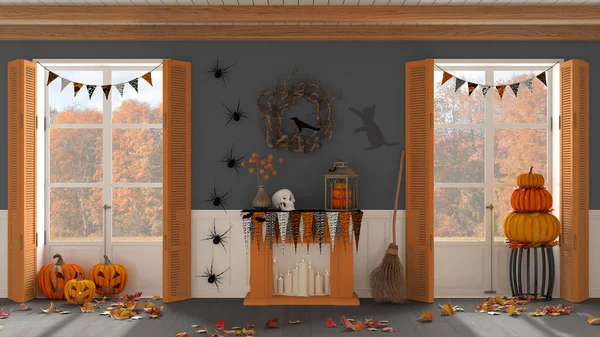 万圣节室内设计 客厅里有深色和橙色色调的壁炉 秋天风景的全景窗户 党的装饰 现代乡村风格 — 图库照片