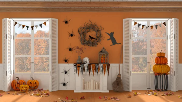 万圣节室内设计 客厅与壁炉的白色和橙色色调 秋天风景上的全景窗户 派对装饰 现代农舍风格 — 图库照片