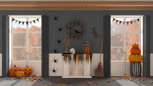 万圣节室内设计 客厅与壁炉在黑暗的色调 秋天风景上的全景窗户 党的装饰 现代风格 — 图库照片