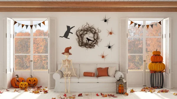 Halloween Design Interiéru Obývací Pokoj Kostrou Sedí Pohovce Bílých Tónech — Stock fotografie