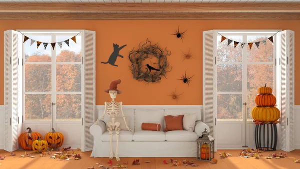 万圣节室内设计 客厅里的骷髅坐在沙发上 有白色和橙色的色调 秋天风景上的全景窗户 派对装饰 现代农舍风格 — 图库照片