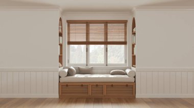 Classic window with siting bench and pillows. Wooden venetian blinds, bookshelf and decors. White walls with copy space for text. Modern interior design clipart