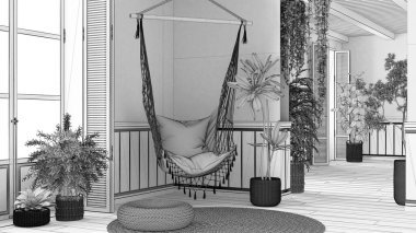 Tamamlanmamış proje taslağı, hindistan cevizi saksısı ve dantel sallanan sandalyeli köy oturma odası. Ahşap panjurları ve parkesi olan bir pencere. Boho iç tasarımı