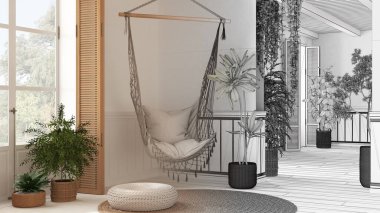 Mimari iç mimar konsepti: elle çizilmiş tamamlanmamış taslak proje gerçeğe dönüşüyor, kırsal boho oturma odası rattan saksı bitkileri ve dantel sallanan sandalye ile