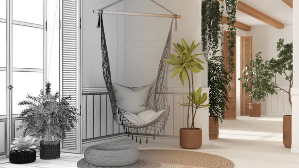 인테리어 디자이너 손으로 미완성 프로젝트가 시골의 거실에 레이스매달린 의자가 — 스톡 사진