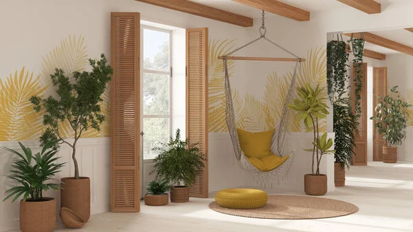 Holzwohnzimmer Boho Stil Topfpflanzen Und Klöppelstuhl Fenster Mit Rollläden Und — Stockfoto