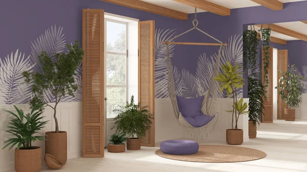 Holzwohnzimmer Boho Stil Topfpflanzen Und Klöppelstuhl Fenster Mit Rollläden Und — Stockfoto