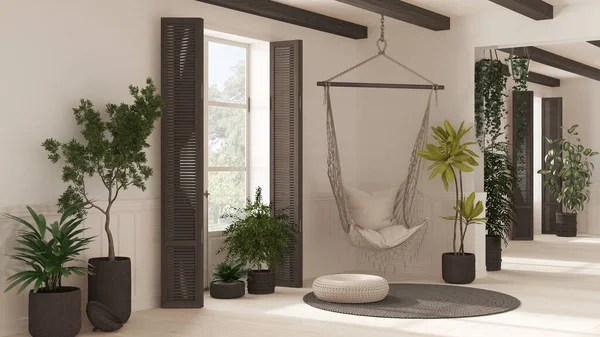White Living Room Boho Style Rattan Potted Plants Lace Hanging — Stockfoto