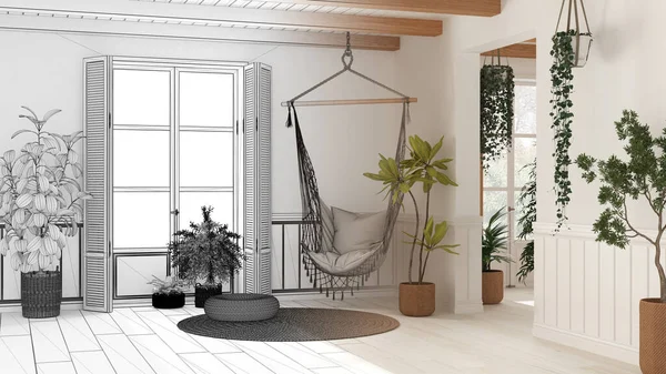 Architect interior designer concept: hand-drawn draft unfinished project that becomes real, living room in Boho style, potted plants and lace hanging chair. Bohemian boho style