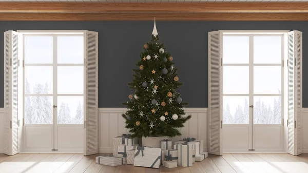 Design Intérieur Noël Salon Avec Parquet Dans Les Tons Blanc — Photo