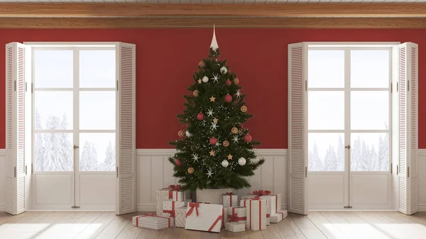 Vánoční Interiér Obývací Pokoj Parketovou Podlahou Bílých Červených Tónech Dřevěný — Stock fotografie