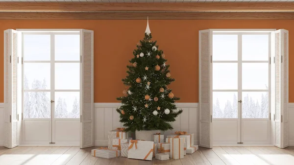 Christmas Interior Design Living Room Parquet Floor White Orange Tones — Stock Fotó