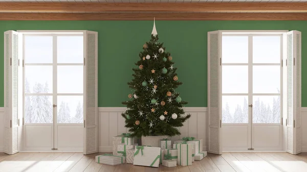 Christmas Interior Design Living Room Parquet Floor White Green Tones — Zdjęcie stockowe