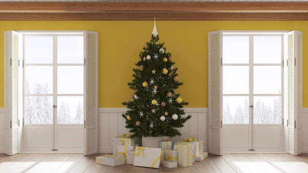 Kerst Interieur Woonkamer Met Parketvloer Witte Gele Tinten Houten Plafond — Stockfoto