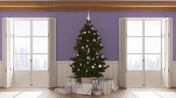 Vánoční Interiér Obývací Pokoj Parketovou Podlahou Bílých Fialových Tónech Dřevěný — Stock fotografie
