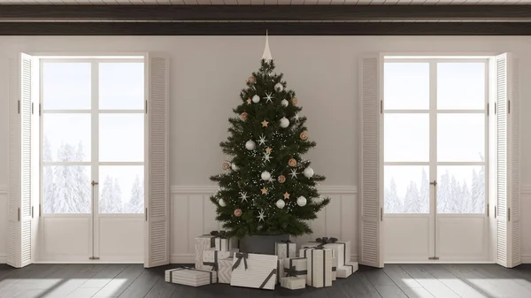 Karácsonyi Belsőépítészet Nappali Parkettás Padlóval Fehér Sötét Árnyalatokkal Fából Készült — Stock Fotó
