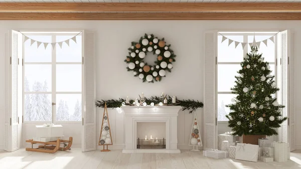 Christmas Interior Design Living Room Fireplace White Tones Decorated Tree — Stock fotografie