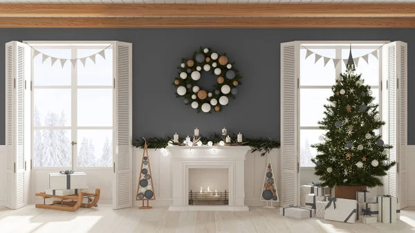 Christmas Interior Design Living Room Fireplace White Gray Tones Decorated — Stock fotografie