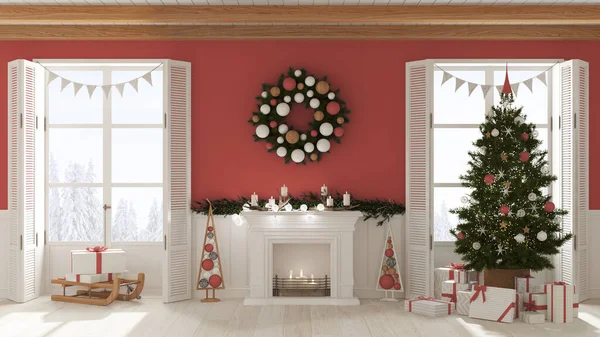 Karácsonyi Belsőépítészet Nappali Kandallóval Fehér Piros Tónusú Díszített Panorámás Ablakok — Stock Fotó