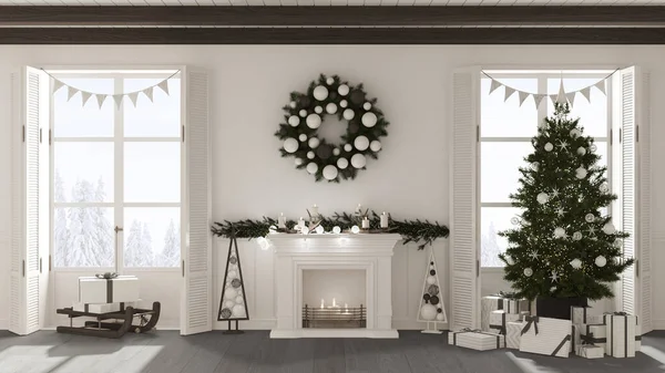 Vánoční Interiér Obývací Pokoj Krbem Bílých Tmavých Tónech Zdobené Stromy — Stock fotografie