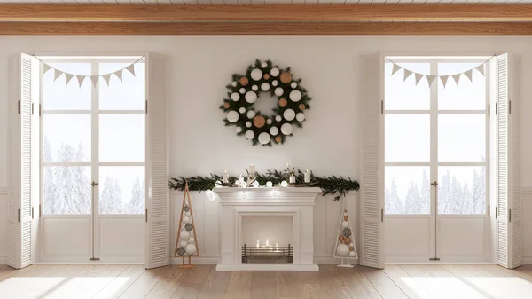 Christmas Interior Design Living Room Fireplace White Tones Wooden Beam — Stock fotografie