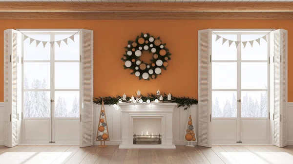 Vánoční Interiér Obývací Pokoj Krbem Bílých Oranžových Tónech Dřevěný Trámový — Stock fotografie