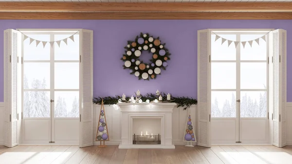 Vánoční Interiér Obývací Pokoj Krbem Bílých Fialových Tónech Dřevěný Trámový — Stock fotografie