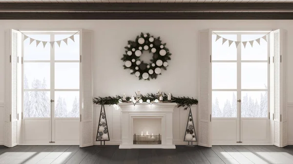 Karácsonyi Belsőépítészet Nappali Kandallóval Fehér Sötét Tónusú Fagerendás Mennyezet Panorámás — Stock Fotó