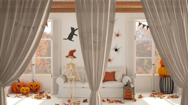 Bílé Otvory Záclony Překrytí Halloween Obývací Pokoj Interiér Design Pozadí — Stock fotografie