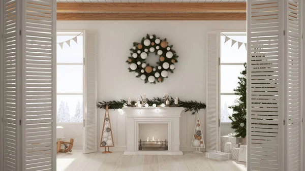 Białe Drzwi Składane Otwierające Się Bożonarodzeniowy Salon Kominkiem Drzewem Panoramiczne — Zdjęcie stockowe