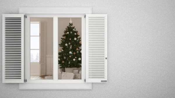 Exterior Plaster Wall White Window Shutters Showing Christmas Living Room — Stock fotografie