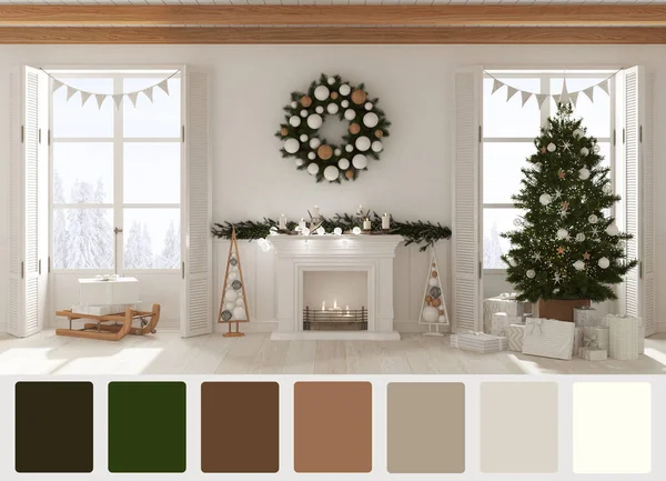 Interior design scene with palette color. Different colors and patterns. Architect and designer concept idea. Christmas living room with tree and fireplace, winter landscape