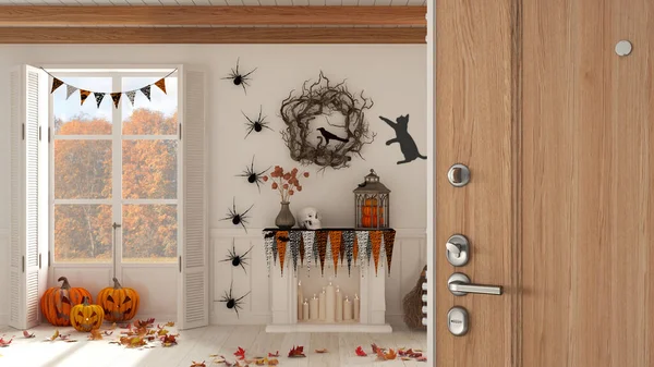 Dřevěné Vstupní Dveře Otevření Halloween Obývací Pokoj Krbem Podzimní Krajiny — Stock fotografie