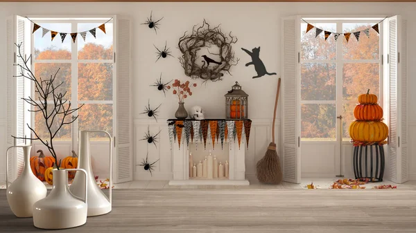 Wooden Table Top Shelf Minimalistic Modern Vases Halloween Living Room — 图库照片