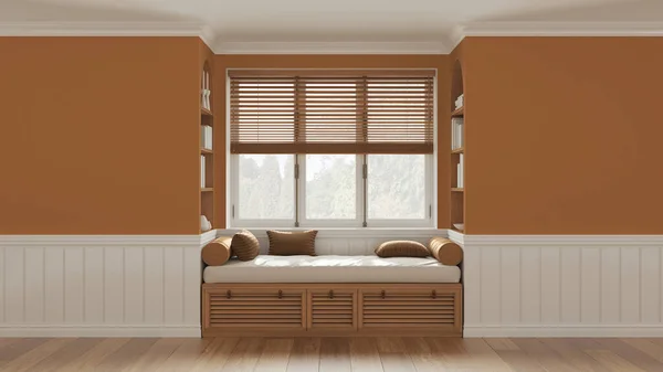 Classic window with siting bench and pillows. Wooden venetian blinds, bookshelf and decors. Orange walls with copy space for text. Modern interior design