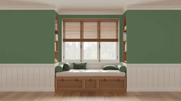 Classic window with siting bench and pillows. Wooden venetian blinds, bookshelf and decors. Green walls with copy space for text. Modern interior design