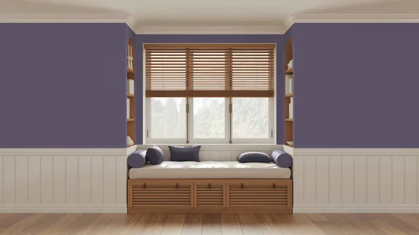 Classic window with siting bench and pillows. Wooden venetian blinds, bookshelf and decors. Purple walls with copy space for text. Modern interior design