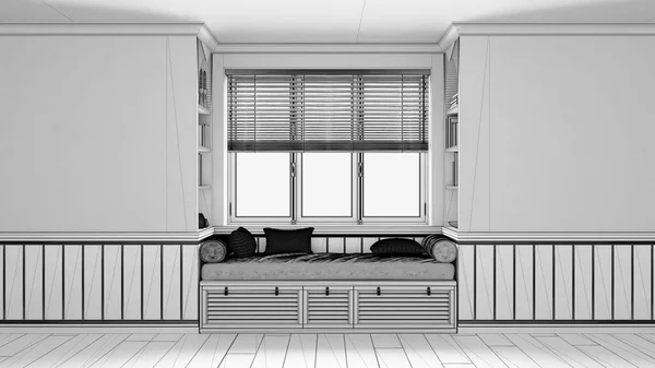 Blueprint Unfinished Project Draft Classic Window Siting Bench Pillows Wooden — Stockfoto