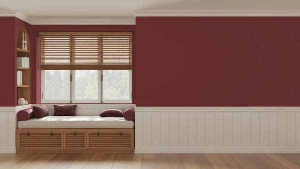 Vintage window with siting bench and pillows. Wooden venetian blinds, bookshelf and decors. Red walls with copy space for text. Modern interior design